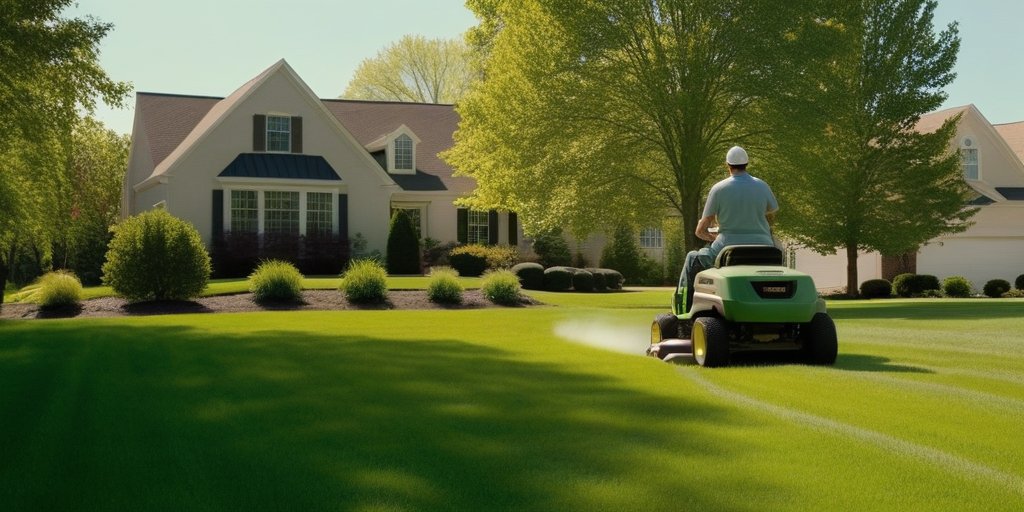 Landscaping crew mowing suburban lawn